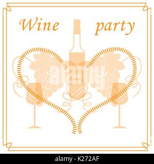 Niedliche Vektor-Illustration der Flasche Wein, Gläser, Trauben und Herz im Rahmen. Weinhandel. Shop, Bar, Restaurant, Weinkeller, Weinproben, Liste oder ev Stock Vektor