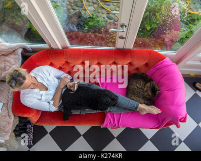 Eine Frau neigt sich auf ein helles, rotes Sofa mit ihrem Hund und Katze auf Ihrem Schoß, an ihrem Handy suchen Stockfoto