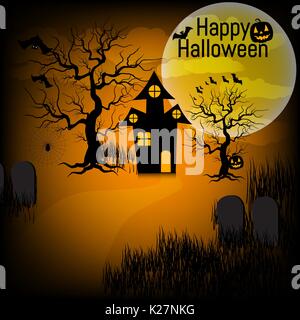 Halloween Hintergrund mit Kürbis, haunted House und Vollmond. für Halloween Party. Vector Illustration. Stock Vektor