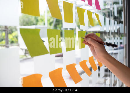 Hand mit Post-it Haftnotiz mit Brainstorming auf Papier. Stockfoto