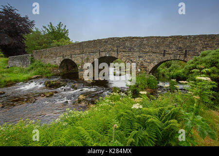 Weltkulturerbe 18. Jahrhundert gewölbten Steinbrücke über die East Dart, Nebenfluss des Flusses Dart, in der Nähe der Ortschaft Postbridge, Dartmoor National Park, England Stockfoto