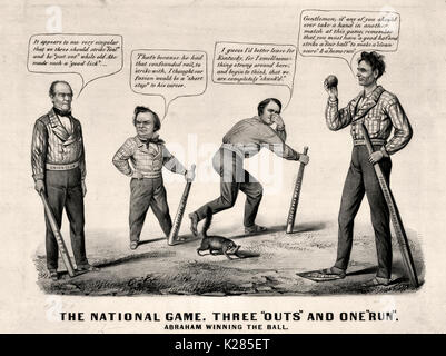 Die nationalen Spiel. Drei 'outs' und eine 'Run'-politische Karikatur, September 1860-pro-Lincoln satire Wochen vor der Präsidentschaftswahl 1860. Der Wettbewerb ist wie ein Baseball Spiel, in dem Lincoln besiegt hat (von links nach rechts) John Bell, Stephen A. Douglas, und John C. BRECKINRIDGE dargestellt. Lincoln (rechts) mit seinen Fuß auf "Home Base", die Beratung der anderen steht, "Meine Herren, wenn jemand von euch jemals eine Hand in einem anderen Spiel bei diesem Spiel nehmen, denken Sie daran, dass Sie ein guter bat' und einen fairen Ball" ein sauberes Ergebnis" & einen home run zu schlagen.'' seine 'Guten bat" ist eigentlich eine hölzerne Schiene la Stockfoto