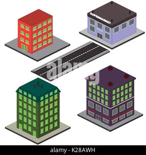 Isometrische Gebäude und Straßen-, Vektor, Abbildung Stock Vektor