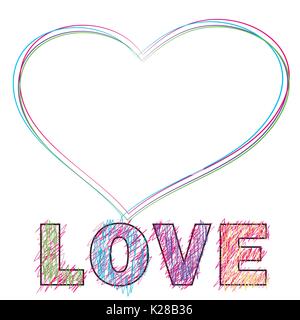 Wort Liebe gemalt von Kindern stil Bleistift und Herz. Vector Illustration Stock Vektor