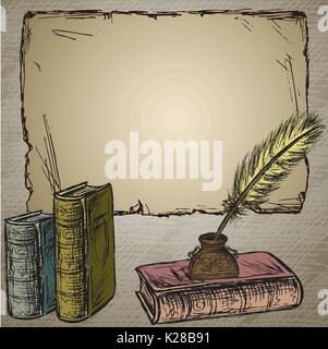 Gänsedaunen, elegante Altmodische dekorative Tintenfass, altes Papier für Inschrift. Altes Buch. Vintage Hintergrund. Hand vector gezeichnet Stock Vektor
