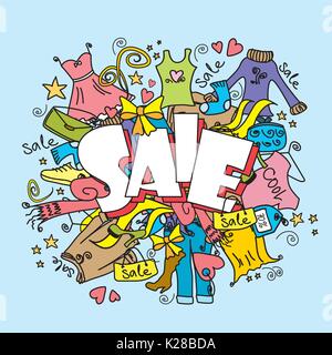Sale Mode Shopping Hintergrund, Kleidung und Accessoires, Vector Illustration Stock Vektor