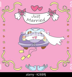 Hochzeit, Auto, Just Married, doodle Hand gezeichnet, Vector Illustration Stock Vektor