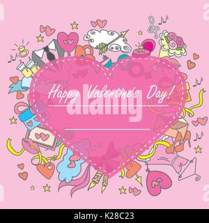 Von Doodle Valentinstag Grußkarte, Hand gezeichnet, Vector Illustration Stock Vektor