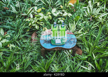 Zwei Flaschen Shampoo und handgemachte Seife auf alte kleine Vintage lackiert Tabelle im grünen Garten. Dusche und Wellness-Set im Hotel Stockfoto