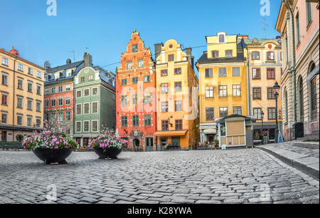 Alten bunten Häuser auf Platz Stortorget in Stockholm, Schweden Stockfoto