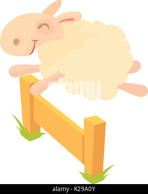 Schafe über Barriere Symbol springen, Cartoon Stil Stock Vektor