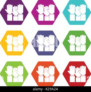 Verschiedene Menschen erhobenen Händen bis Icon Set Farbe hexaeder Stock Vektor