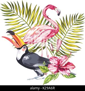 Toucan und Flamingo mit tropischen Blumen und Blätter. Element für die Gestaltung von Einladungen, Filmplakate, Stoffen und anderen Objekten. Auf weiß isoliert. Stock Vektor
