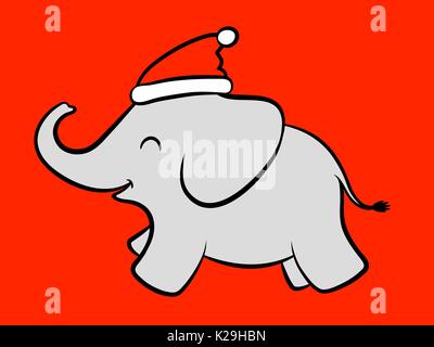 Frohe baby cartoon Santa Elefant Weihnachten feiern mit einem roten Santa Claus Hut auf dem Kopf und dem Trunk in der Luft angehoben - Abbildung Stock Vektor