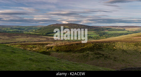 Landschaftlich reizvolle Landschaft (sanfte Hügel des Wharfedale Valley, Simon's Seat Peak, Sonnenlicht & Schatten an Land, blauer Himmel) - Yorkshire Dales, England, Großbritannien Stockfoto
