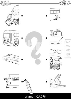 Schwarze und Weiße Cartoon Abbildung: Lernspiel von passenden Hälften mit Transport Zeichen Färbung Seite Stock Vektor