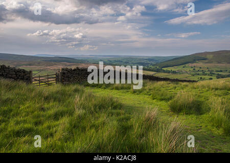 Feld Tor in der malerischen Hügellandschaft, Yorkshire, England, UK-Appletreewick im Tal von Wharfedale jenseits & Simon's Seat Gipfel auf der rechten Seite. Stockfoto