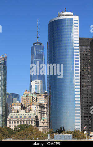 Das One World Trade Center und Lower Manhattan. Stockfoto
