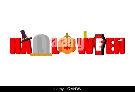 Halloween logo Schriftzug. Grabsteine und Sarg. Hut Hexe und Kürbis. Typografie für Urlaub Stock Vektor