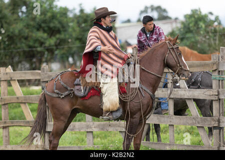 Juni 3, 2017 Machachi, Ecuador: Cowboy in traditionellen Poncho und Chaps auf dem Pferderücken Stockfoto