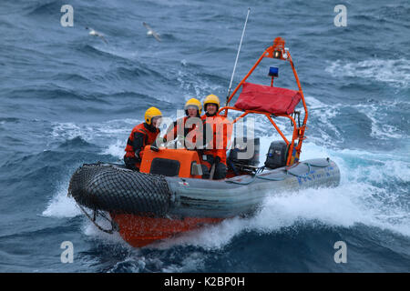 Norwegische Küstenwache Fischereiinspektoren auf Patrouille an der Nordsee. Aug 2015. Stockfoto