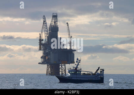 Fischereifahrzeug" Ocean Harvest' Schleppnetzfangs in unmittelbarer Nähe von Oseberg Sor Plattform, Nordsee, Mai 2015. Stockfoto