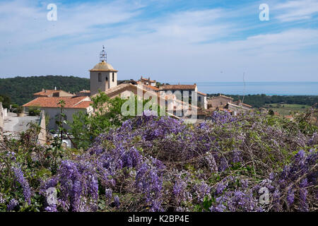 Malerischer Blick auf die provenzalischen Dorf Ramatuelle an der Französischen Riviera mit Glyzinien in der Blüte im Frühling Stockfoto