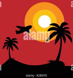 Insel mit schwarzer Silhouette von Palmen und Flugzeuge, die auf den Sonnenaufgang auf weißem Hintergrund, Vector Illustration Stock Vektor
