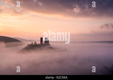 Corfe Castle und das Dorf in der Dämmerung mit Nebel, Corfe Castle, der Purbecks, Dorset, Großbritannien. September 2014. Stockfoto