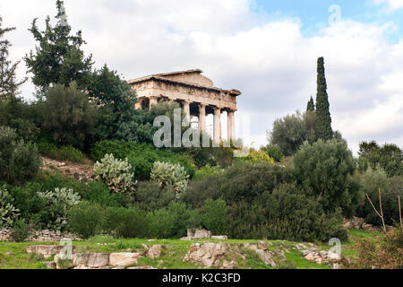 Der Tempel des Hephaistos umgeben von Zypressen (Cupressus sempervirens), Ölbäume (Olea europaea) und Feigenkakteen (Opuntia ficus-indica). Region Attika, Athen, Griechenland, im Januar 2011. Stockfoto