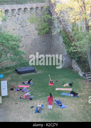 Yogi Yoga Übung Lehrer unterrichten, eine Klasse in einem Kreis außerhalb im Freien im Garten Rasen im Schatten von Sonne und Hitze Stockfoto