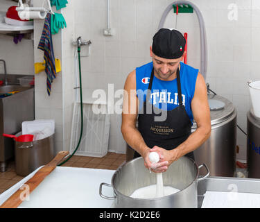 Italienische Käser, Burrata, Costigliole d'Asti, Piemont, Italien Stockfoto