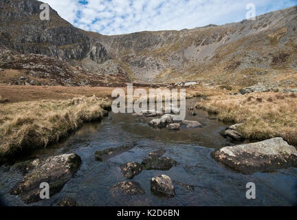 Cwm Ffynnon Lloer ist im Bereich der Carneddau Berge in Snowdonia, North Wales. Es liegt unter dem Gipfel des Pen Jahr Ole Wen und Carnedd Dafydd. August 2013 Stockfoto