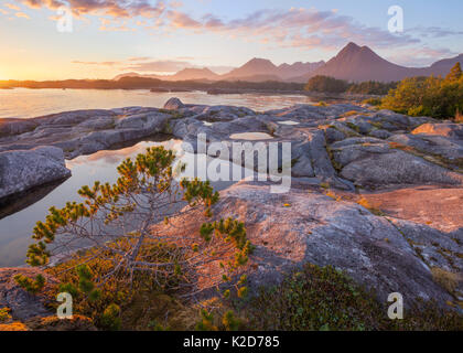 Sonnenuntergang auf der äusseren Küste von Chichagof Insel mit dem weißen Schwefel Hotsprings in der Ferne, South East Alaska, USA, Juli Stockfoto