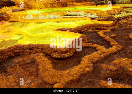 Seen und Schwefel Fumarolen mit Kaliumsalz mineralische Ablagerungen, Dallol hydrothermalzone von See Assale. Danakil Depression, ferne Region, Äthiopien, Afrika. November 2014. Stockfoto