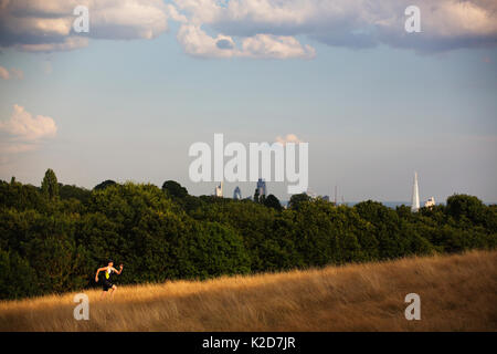 Runner sprinten auf einem Hügel in Cohens Felder Hampstead Heath, London, England, UK. August 2014. Stockfoto