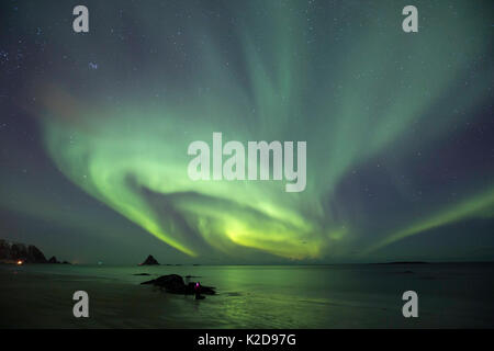 Northern Lights oberhalb der Strand in der Nähe von Bleiksoya Bird Island in der Nähe von Andenes Andoya, Island, North Atlantic Ocean, Norwegen, Januar 2016 Stockfoto