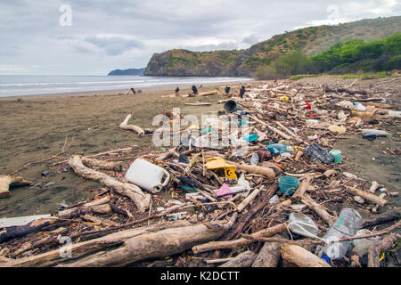 Kunststoffabfälle und Treibholz in gewaschen in der Gezeiten, Nancite Strand, Nationalpark Santa Rosa in Costa Rica. November 2011. Stockfoto