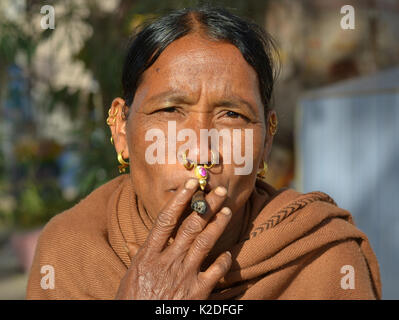 Ältere indianische Adivasi-Frau (Stamm der Desia Kondh, Stamm der Kuvi Kondh) mit Gold-und-gemsteinernem Nasenschmuck und Ohrringen raucht eine hausgemachte Zigarre. Stockfoto