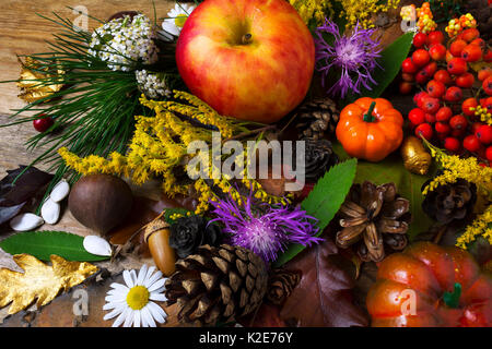 Thanksgiving Gruß mit Kürbis, Äpfel, Herbst Blätter, Beeren und Blumen auf Holztisch. Herbst Hintergrund mit saisonalem Gemüse und Früchte Stockfoto