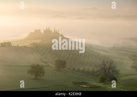 Podere Belvedere, einzelnes Gehöft am Sonnenaufgang im Nebel, San Quirico d'Orcia, Val d'Orcia, Toskana, Italien Stockfoto