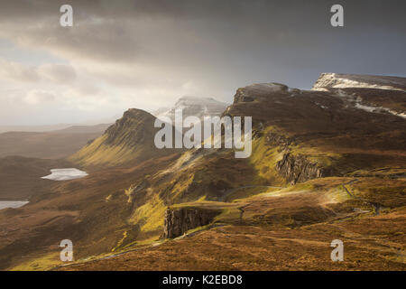 Morgen Licht am Quiraing, trotternish Ridge, Isle of Skye, Schottland, UK, März 2014. Stockfoto