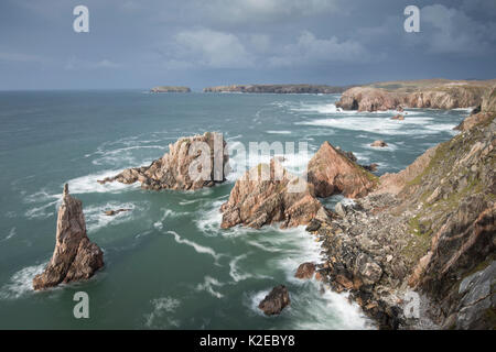 Sea Stacks aus Westküste von Lewis bei Mangurstadh/Mangersta, Isle of Lewis, Äußere Hebriden, Schottland, Großbritannien, Oktober 2014. Stockfoto