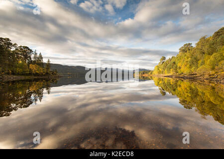 Baum Reflexionen in ein Loch Beinn Mheadhoin, Glen Affric National Nature Reserve, Schottland, Großbritannien, Oktober 2015. Stockfoto