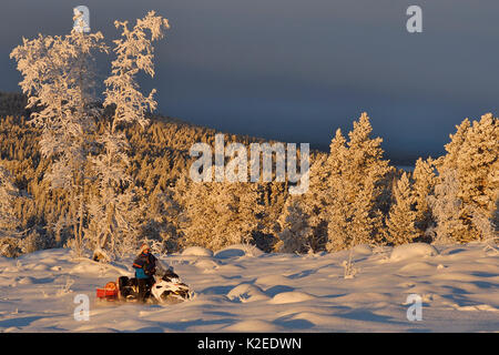 Nils-Torbjorn Nutti, Eigentümer und Betreiber bei Nutti samischen Siida, snowmobile Trip in die Wüste, Jukkasjärvi, Lappland, Laponia, Norrbotten County, Schweden Model Released. Stockfoto