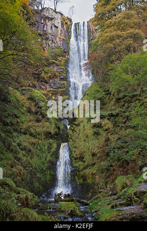 Pistyll Rhaeadr Wasserfall mit den Abschnitt - in der Nähe von Llanrhaeadr-ym-Mochnant, Powys, Wales, Großbritannien, Oktober 2016. Stockfoto