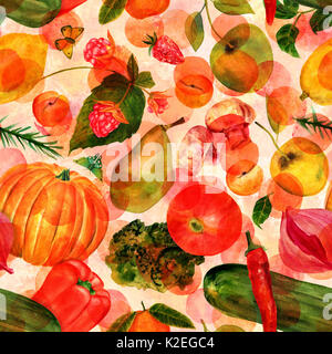 Veganes Essen seamles Aquarell Muster mit Schmetterlingen und Punkte Stockfoto