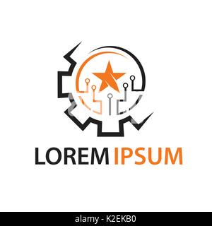 Umrisse des Zahnrads mit-Leitungen und Stern, Tech Gear logo, Icon Design, auf weißem Hintergrund. Stock Vektor