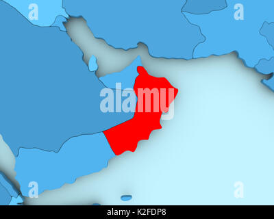 Oman in Rot auf Blau politische Karte. 3D-Darstellung. Stockfoto