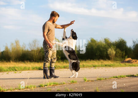 Junge Mann hält eine Festlichkeit in die Hand und lässt einen Border Collie springen Stockfoto